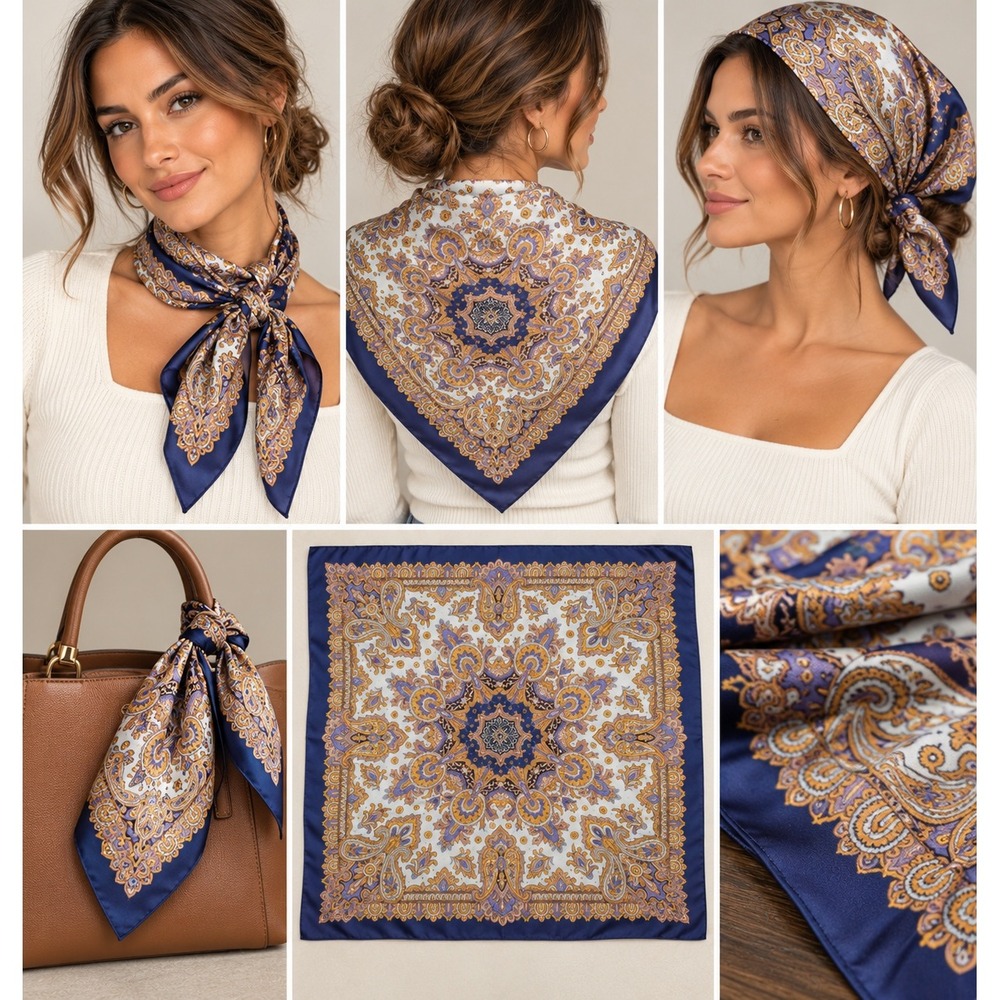 Vintage Paisley Silk Square Scarf Purple Gold White 30x30 Boho Medallion Bandana